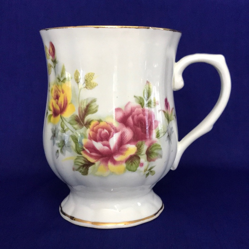 Vintage Bone China Mug; Viceroy, Pink & Yellow Roses, Greenery, Gold Accents.